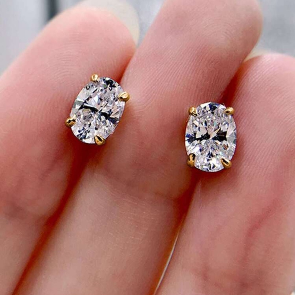 Gold Oval CZ Stud Earrings Rhinestone Crystal Statement Stud Earrings - Picture 3 of 4